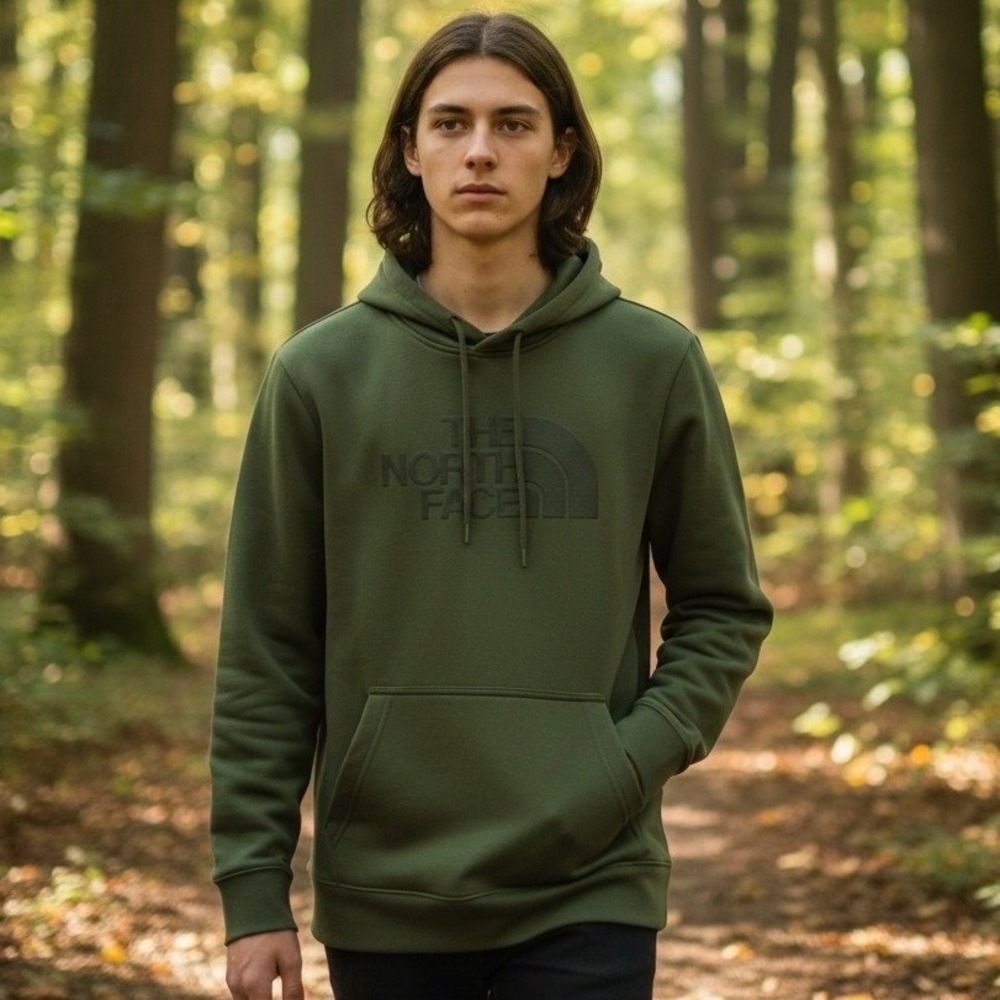 The North Face Mens Hoodie Pullover Olive Green Logo Relaxed Fit